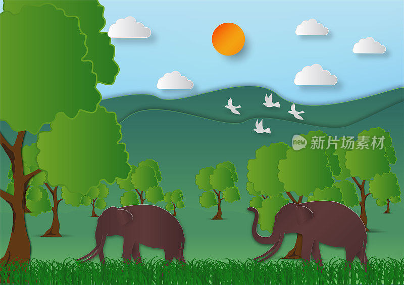 Paper art style of Landscape with elephant mountain and tree In nature ecology idea abstract background, vector illustration